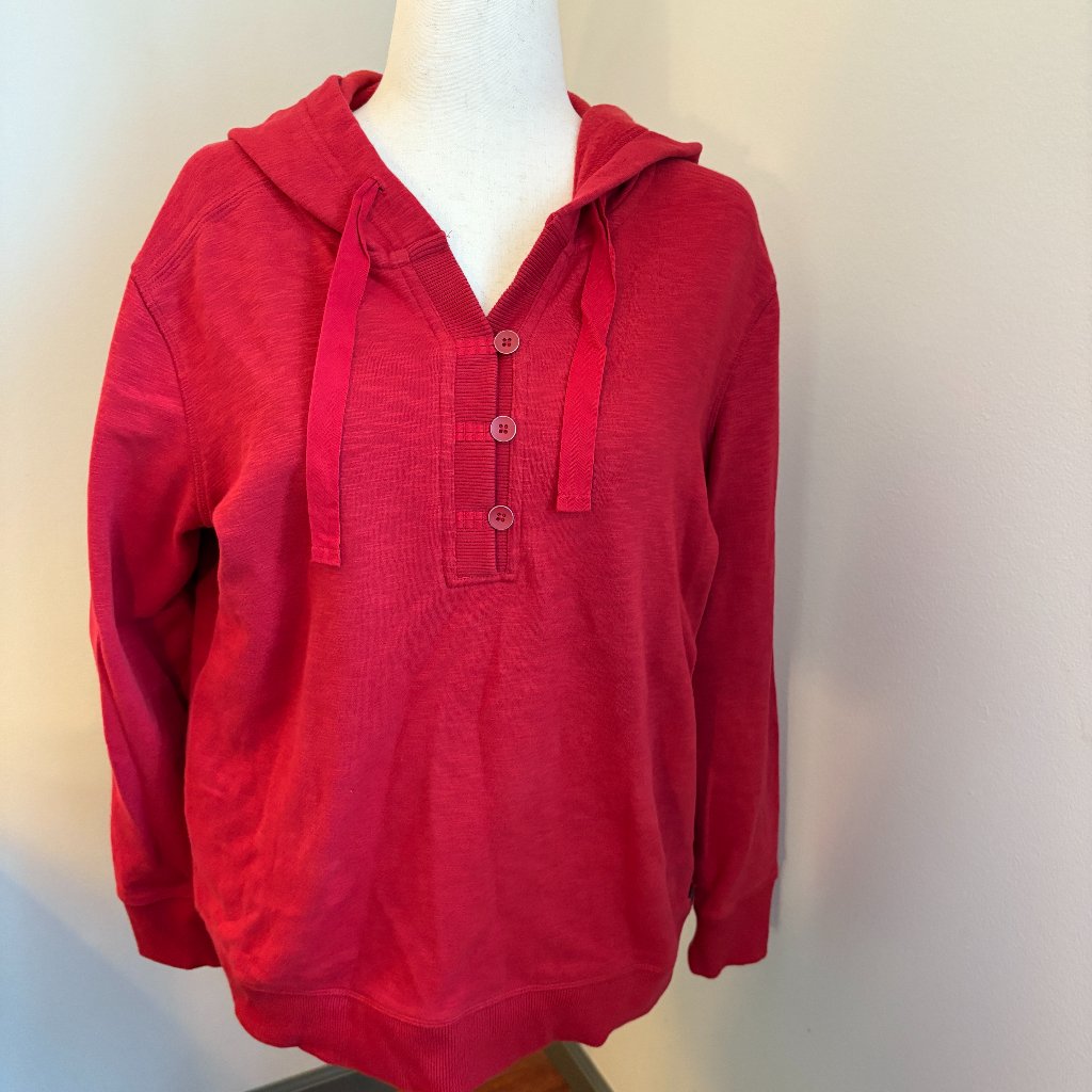 Eddie Bauer Red Hooded Henley Sweatshirt Pullover Hoodie Women's L